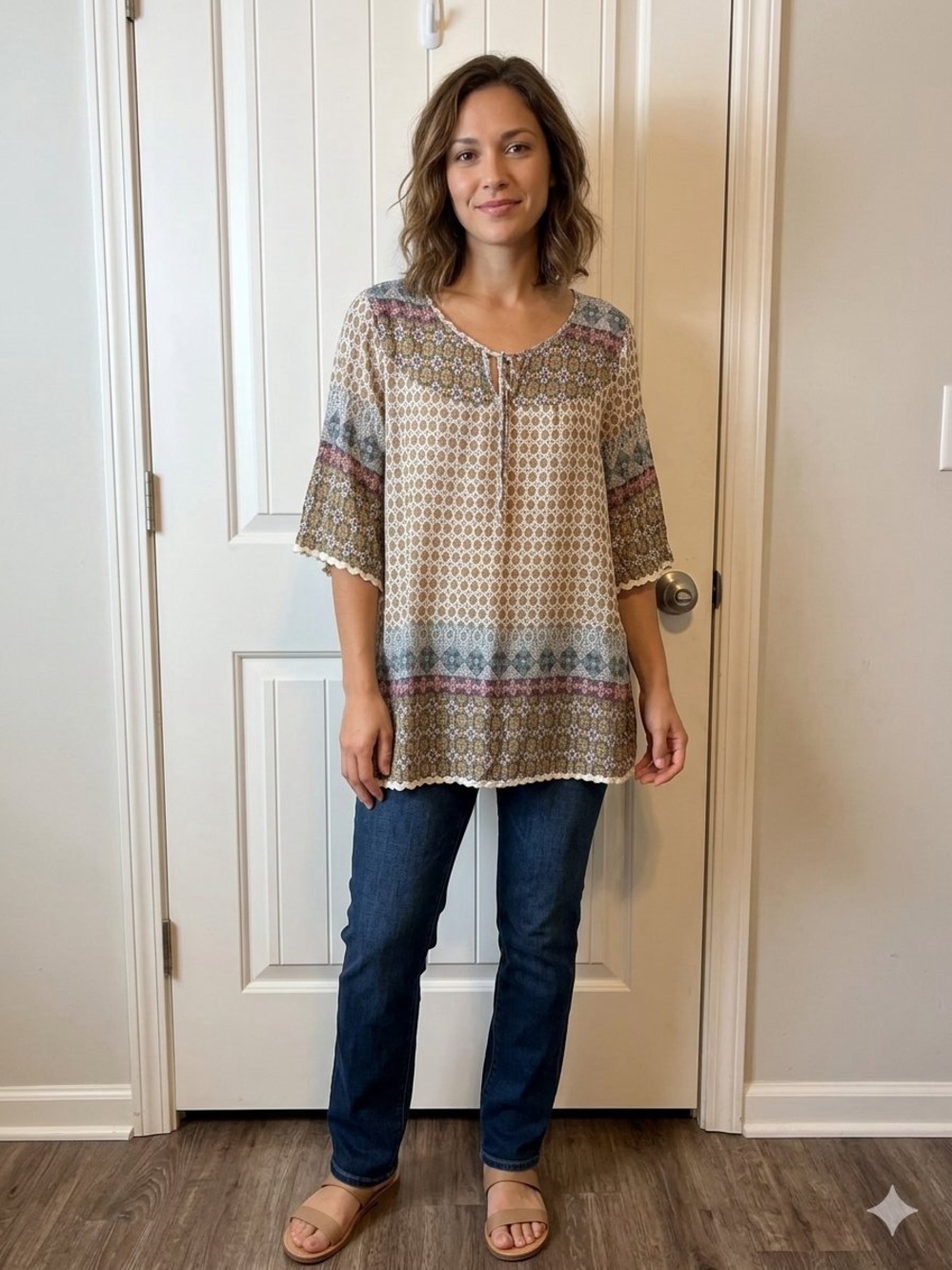 Weekend Susan Betro Boho Cream Multi-Stripe Boho Long Sleeve Peasant Top